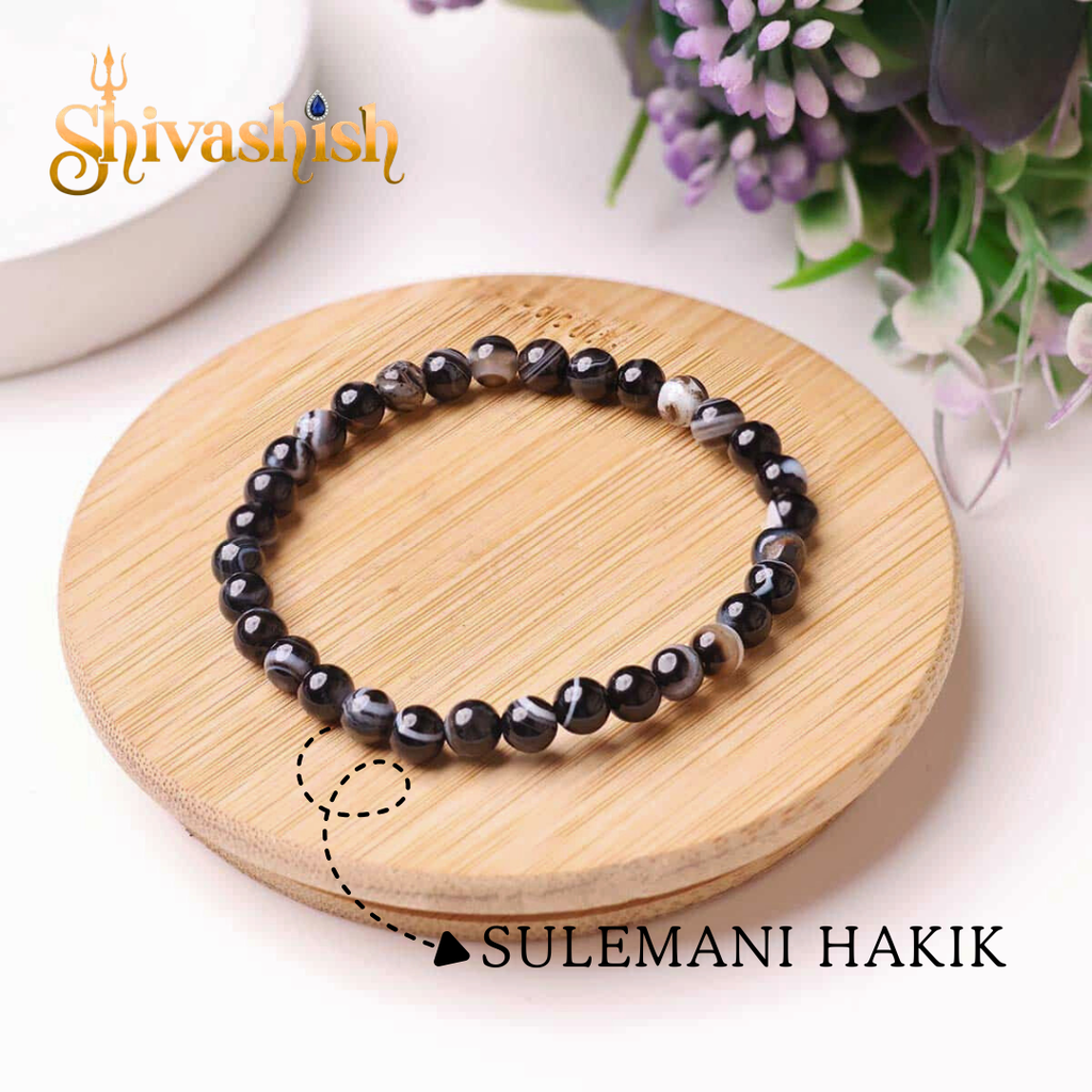 Natural Certified Black Sulemani Hakik Bracelet | Crystal Stone 8 mm Round Bead Bracelet Reiki Healing and Crystal Healing Stones for Unisex Adult