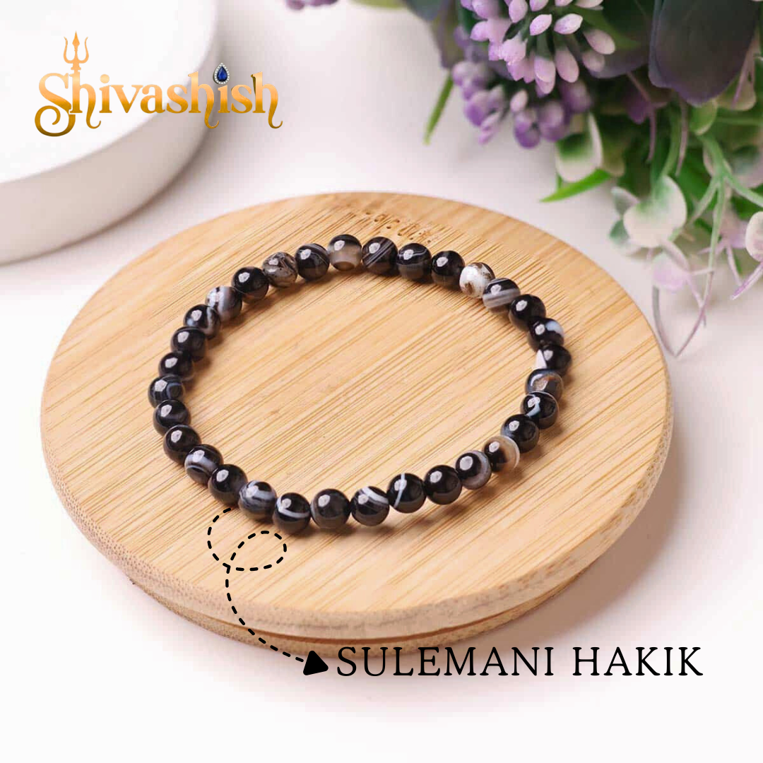 Natural Certified Black Sulemani Hakik Bracelet | Crystal Stone 8 mm Round Bead Bracelet Reiki Healing and Crystal Healing Stones for Unisex Adult