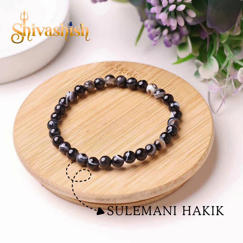 Natural Certified Black Sulemani Hakik Bracelet | Crystal Stone 8 mm Round Bead Bracelet Reiki Healing and Crystal Healing Stones for Unisex Adult