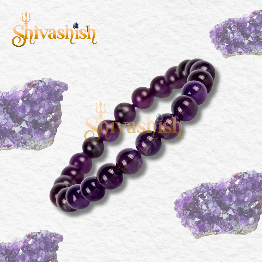 Natural Amethyst Bracelet | Certificate of Authenticity | Amethyst Round Beads 8 mm Crystal Stone Bracelet for Men and Women